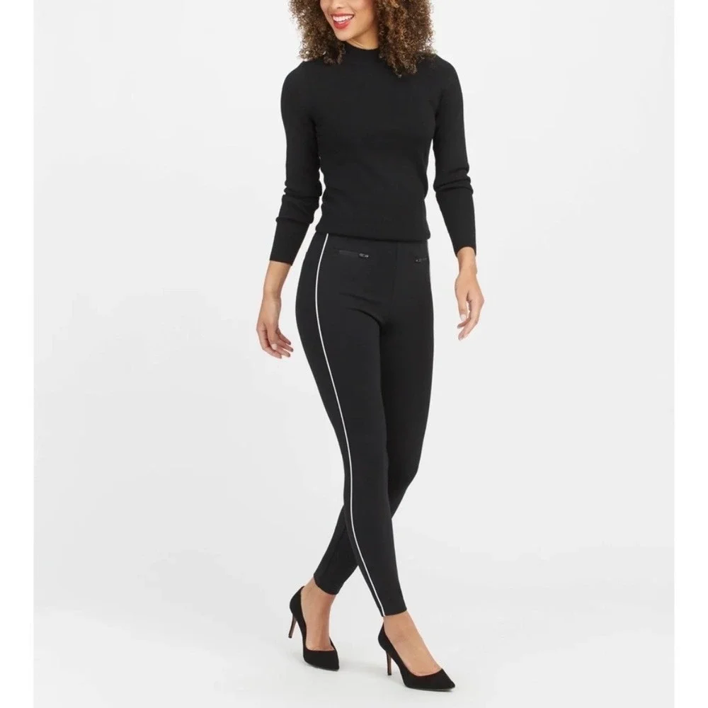 Spanx The Perfect Piped Skinny Ankle Pant Side Stripe‎ Black White Womens XL